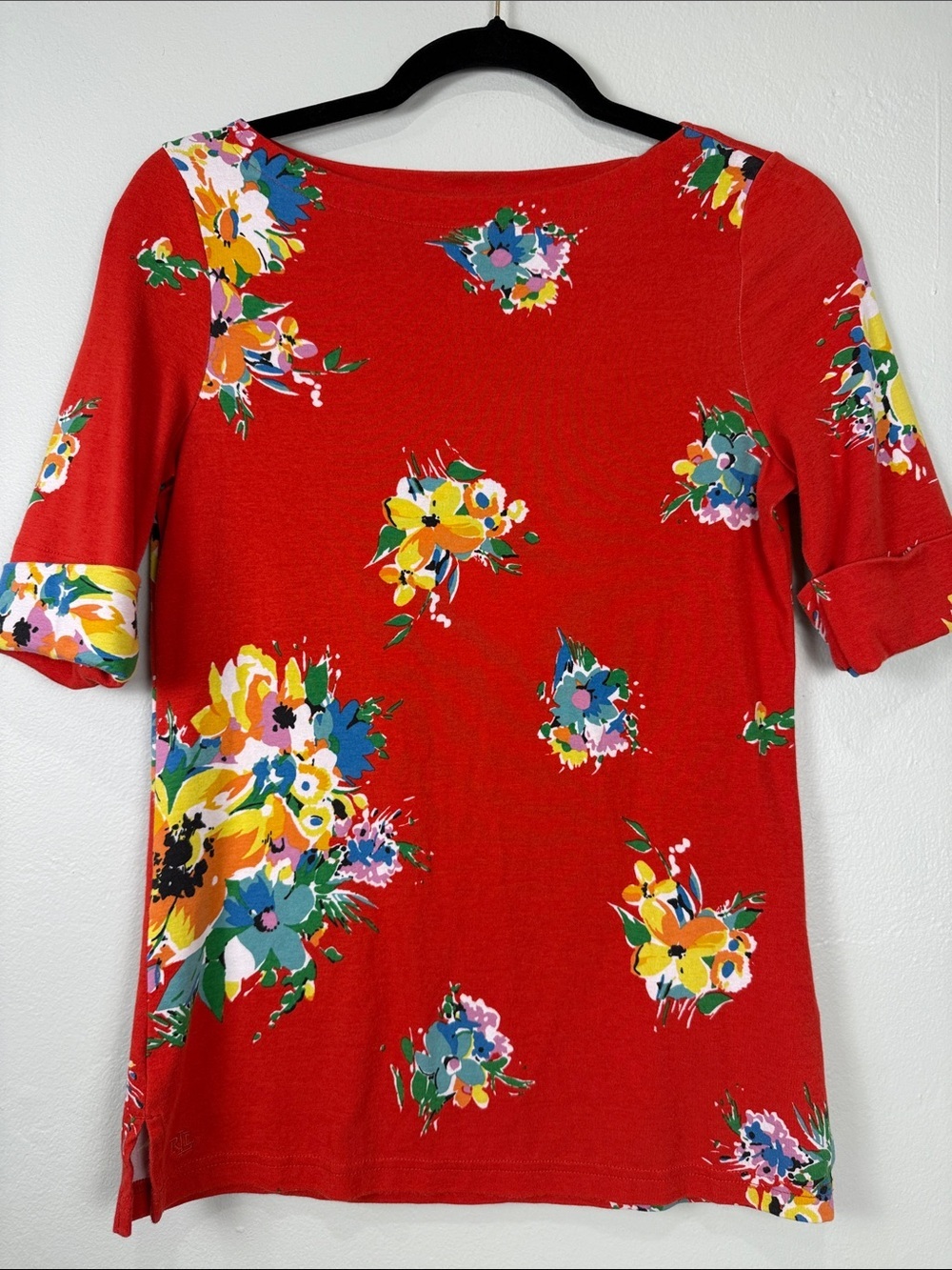 Lauren Ralph Lauren Red Floral Boatneck 3/4 Sleeve Top Size M